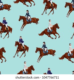 Seamless pattern with bay horses running horses and riders.