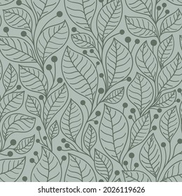 Seamless pattern with bay leaves on branches on a green background in vector