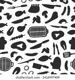 Seamless pattern with BBQ elements. Barbeque, grill simple ornament. For menu, steak house, street food festival, bar, cafe, flyer, logo, label.