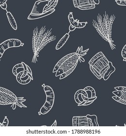 Seamless pattern with BBQ hot tasty sausage for grill, craft beer mug with foam, bavarian pretzel, dry fish and barley for retro bar design