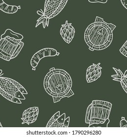 Seamless pattern with BBQ hot tasty sausage for grill, craft beer mug with foam, bavarian hop, dry fish and barrel for retro bar design