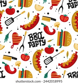 Seamless Pattern BBQ Party. Barbeque food, elements, collection. Hot dog, hamburger, tomato, onion, pepper, mushroom on white background. Vector file.