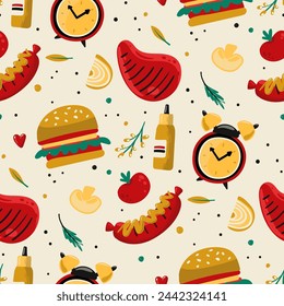 Seamless Pattern BBQ Time. Barbeque food, elements, collection. Hot dog, hamburger, alarm clock, steak, tomato, onion, pepper, mushroom, sauce. Vector file