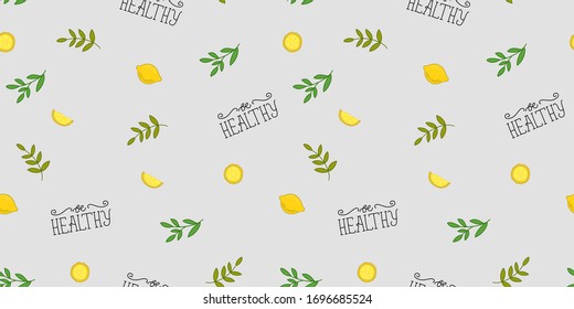 Patrón sin soldadura Esté sano con limones cítricos, rodajas, helechos, hojas. Dibujo lindo, ingenuo. Envoltura, textura, adorno. Salud, atención, medicina. Elemento de diseño gráfico aislado vectorial.