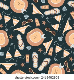 Seamless pattern with beach accessories. Background with hat, swimsuit, sunglasses. Summer holiday, vacation.Great for wallpaper, textiles, scrapbooking