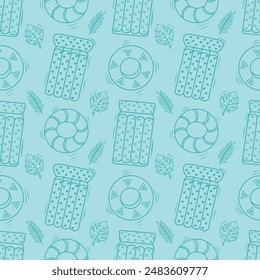 Seamless pattern with beach accessories. Inflatable circle, swimming mattresses, palm trees. Contoured beach icons on a blue background. Vector template for your summer beach design