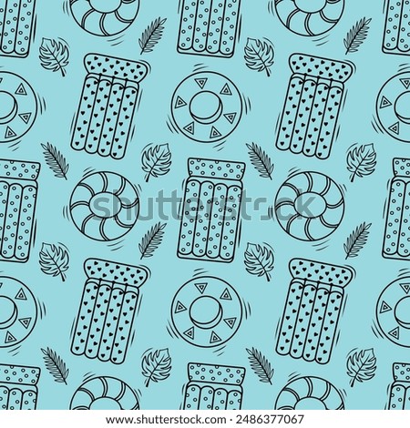 Seamless pattern with beach accessories. Inflatable circle, swimming mattresses, palm trees. Contoured beach icons on a blue background. Vector template for your summer beach design