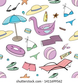 Seamless pattern beach accessories, summer clothes and sun products, everything that you take with you to the beach