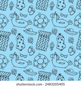 Seamless pattern with beach accessories. swimsuit, hat, inflatable circle, flip-flops, ice cream. Contoured beach icons on a blue background. Vector template for your summer beach design