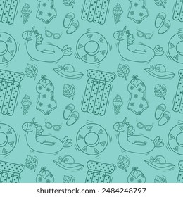 Seamless pattern with beach accessories. swimsuit, hat, inflatable circle, flip-flops, ice cream. Contoured beach icons on a blue background. Vector template for your summer beach design