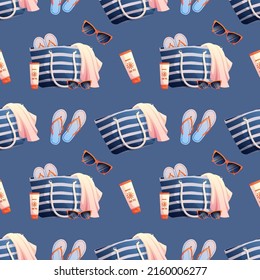 Seamless pattern with beach bag, sunglasses, towel, sunscreen. Seamless texture, summer, beach ornament.Suitable for textiles, paper, wallpaper