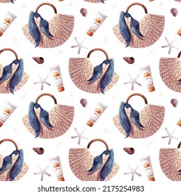 Seamless pattern with beach bag, sunscreen, starfishes. Beach Holidays, Summer, marine nature concept. Vector illustration. Perfect for product design, wallpaper, scrapbooking, wrapping paper.