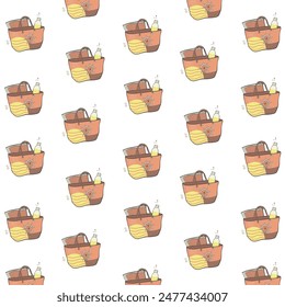 Seamless pattern of beach bags featuring a steering wheel, sunscreen and beach accessories in orange and yellow.