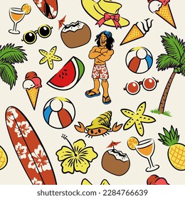 Seamless Pattern Beach Boy Suring Tropical