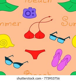 Seamless pattern of beach clothes and accessories vector illustration sketch 