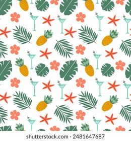 Seamless pattern beach desserts cocktails with olives, pineapples with palm branches, monstera leaves and tropical flowers, starfish on white background - vector flat illustration 