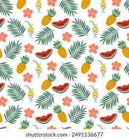 Seamless pattern beach desserts fruit cocktails, pineapples and watermelon slices with palm branches and tropical flowers on white background - vector flat illustration for packaging, textiles.