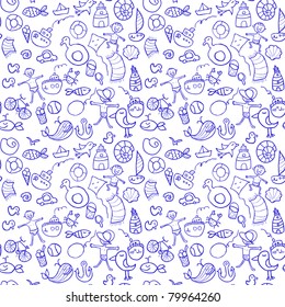 Seamless pattern with beach doodles in cartoon style
