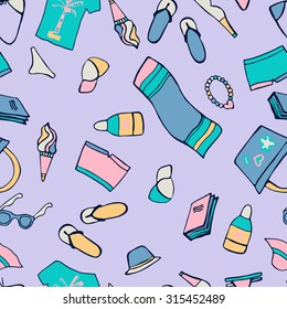 Seamless pattern with beach elements in cute doodle style.