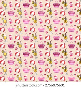 seamless pattern of beach elements isolated on beige background