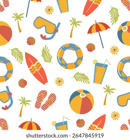 Seamless pattern of beach elements like lifebuoys, surfboards, snorkels, palm trees, flip flops, shells, and tropical drinks in vibrant colors on transparent background.
