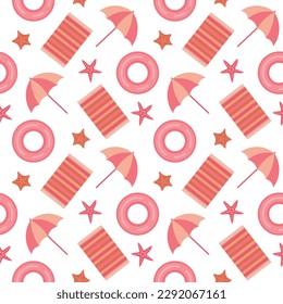 Seamless pattern with beach elements on white background. Modern summer design for wrapping paper, textile, banner.