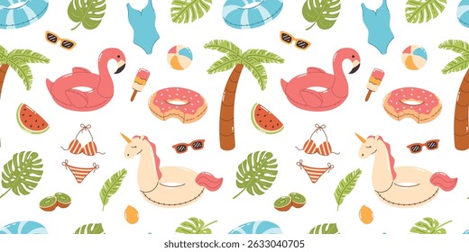 Seamless pattern with beach elements. Palm tree, bathing suits, swimming rings, sunglasses, palm leaves, ice cream. Flat vector illustration.