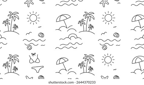 A seamless pattern with beach elements: palm trees, sun, waves, beach umbrella, starfish, seashell, bikini, and birds, all in black outline.