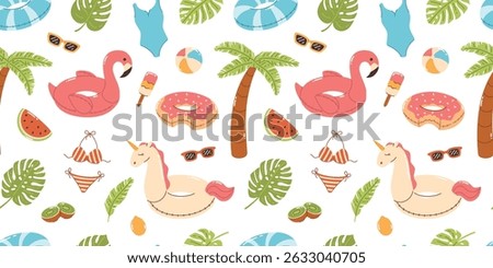 Seamless pattern with beach elements. Palm tree, bathing suits, swimming rings, sunglasses, palm leaves, ice cream. Flat vector illustration.