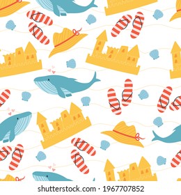 Seamless pattern of beach elements: sand castle, flip flops, hat, shell and whale. Summertime concept.