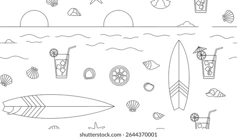 Seamless pattern with beach elements: surfboards, cocktails with ice, seashells, ocean waves, and suns, all in black outline style.