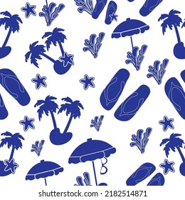 Seamless pattern beach .Beach flip flops palm corals.