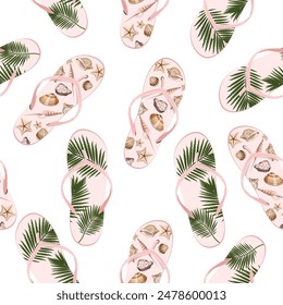 Seamless pattern of beach flip flops with smores print, seashells and tropical leaves on a white background. Wind pattern for summer travel designs, textiles.