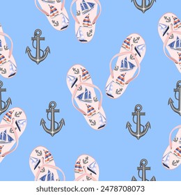 Seamless pattern of beach flip flops with yachts and anchor on a blue background.Vector pattern for summer travel designs.