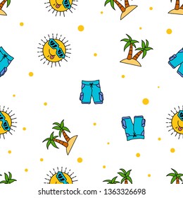 Seamless Pattern of beach Funny Sun,short cargo pant  and Palm Tree hand drawn in cute colorfull doodle vector