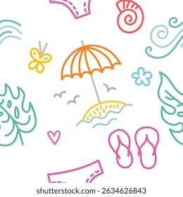 Seamless pattern with beach hats, sunglasses, travel bags, summer vacation essentials, colorful sketch style