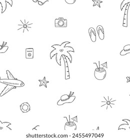 Seamless pattern beach holiday concept. Vector illustration of palm tree airplane cocktail hat, background wallpaper summer trip.