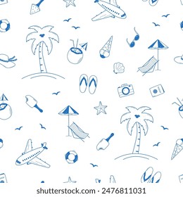 Seamless pattern beach holiday concept. Vector illustration of palm tree airplane cocktail hat, background wallpaper summer trip.