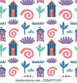 Seamless pattern with beach house and plants. Vector background with a marine theme.