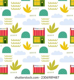 Seamless pattern with beach house and plants. Vector background with a marine theme.