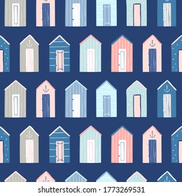 Seamless Pattern With Beach Houses. Cute Beach Vector Background. Nautical And Seaside Vector Backdrop 