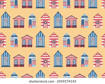 Seamless pattern with beach houses on an orange background. Beach holiday vector illustration for textile print, wallpaper, wrapping paper