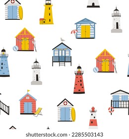 Seamless pattern with beach huts and lighthouses