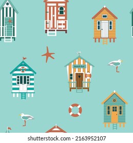 Seamless pattern of beach huts on blue background.