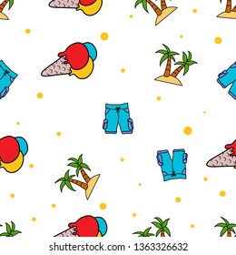 Seamless Pattern of beach Ice Cream, short cargo pant and palm tree hand drawn in cute colorfull doodle vector