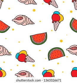 Seamless Pattern of beach Ice Cream Cone, Watermelon and Sea Shell hand drawn in cute colorfull doodle vector