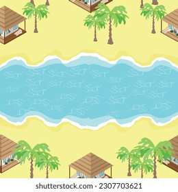 seamless pattern beach with isometric bungalows and palm trees. vector illustration