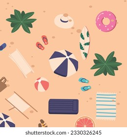 Seamless Pattern With Beach Items Top View. Repeated Background With Inflatable Ring, Umbrella, Beach Chair, Towel