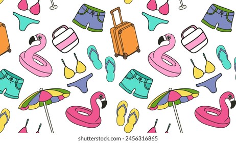 Seamless pattern with beach items. Vector illustration in doodle style.