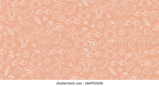 Seamless pattern of beach line elements.   Gentle pink powder illustration in doodle style. Marine and summer theme.  Modern background for cover and  textile.